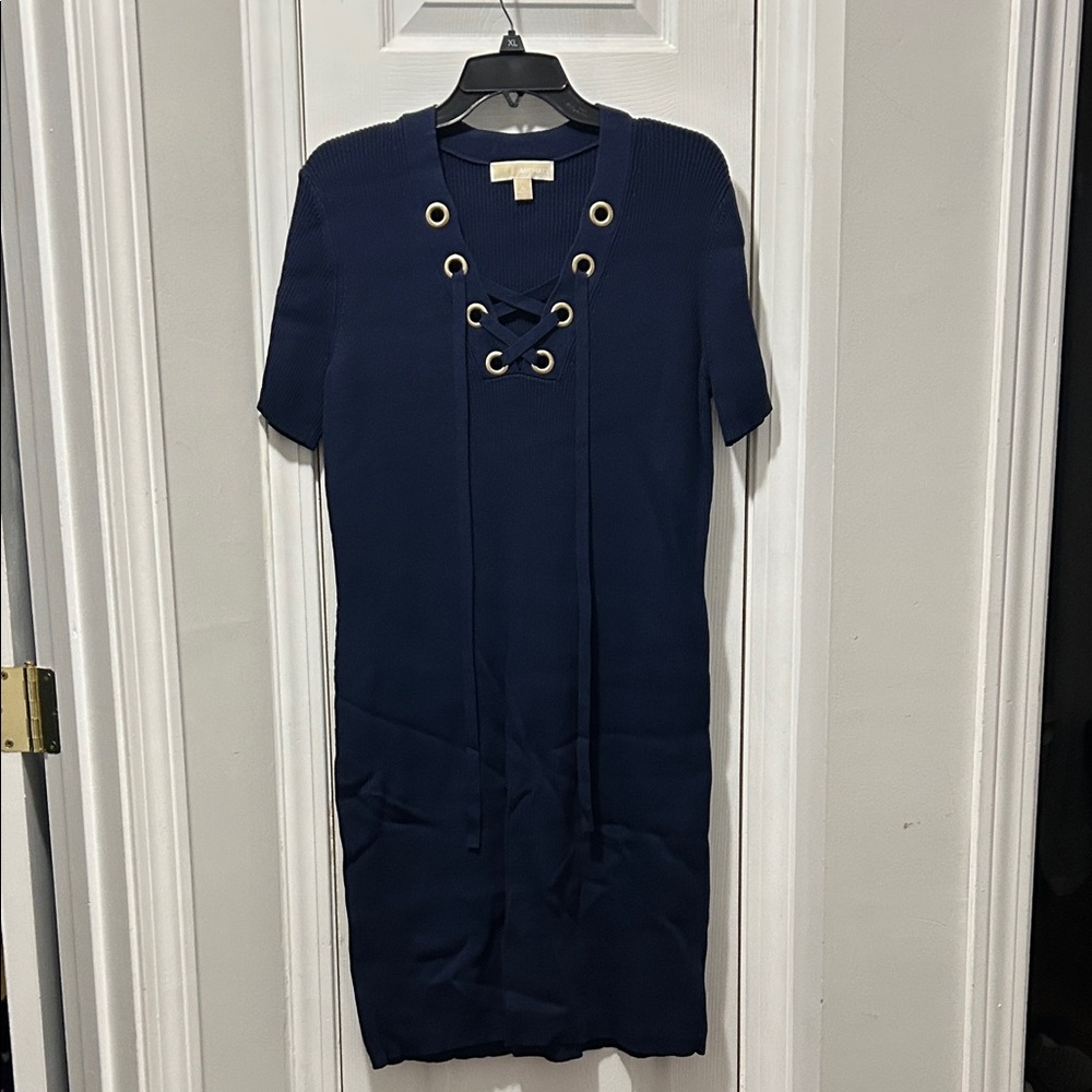 Michael Kors Navy Lace-Up Knit Midi Dress